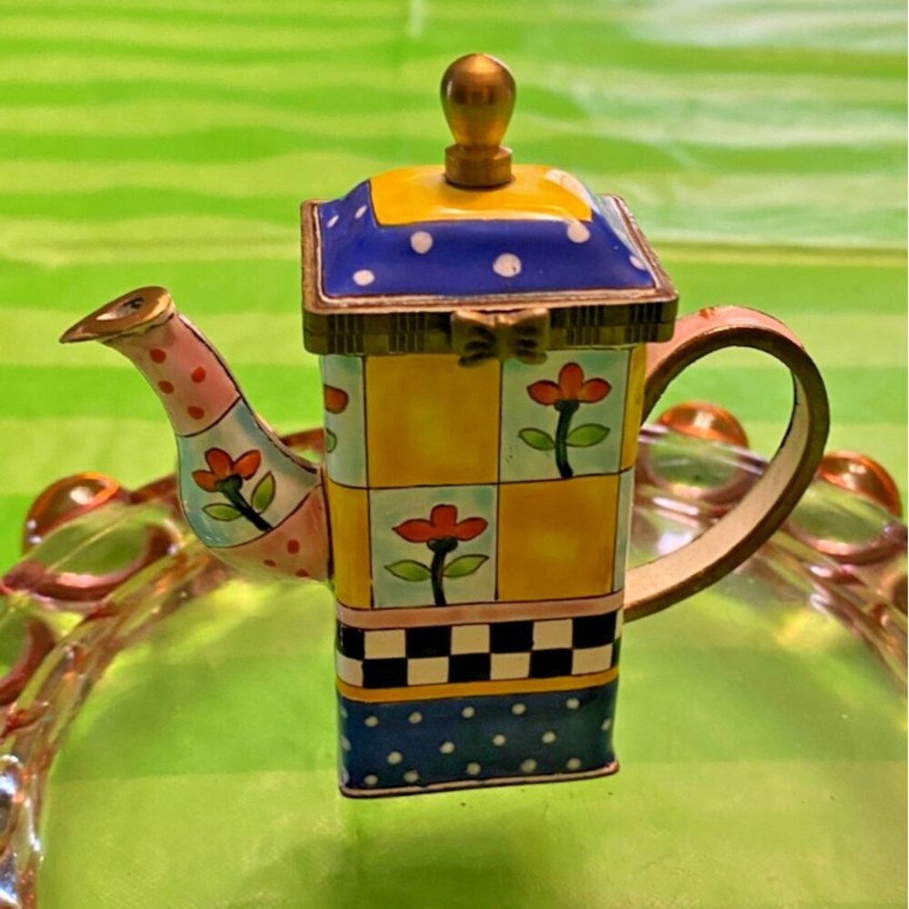 Kelvin Chen Enamel Mini Teapot Trinket Box Hinged Lid Floral